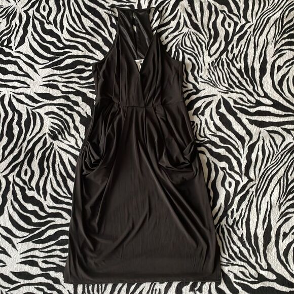 BCBGeneration black draped Della spaghetti strap halter keyhole midi dress - Picture 4 of 15